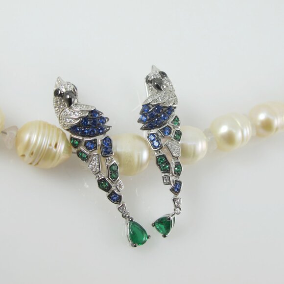 Sterling CZ Cockatoo Parrot Earrings with Green Spinel - Picture 7 of 10